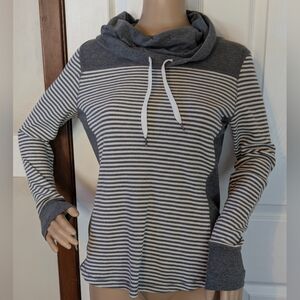 Eddie Bauer Striped Gray & White Women's Cowl Neck Sweater W/Drawstring- Medium